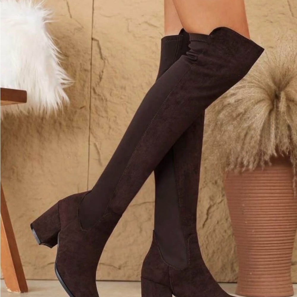Over-the-Knee Block Heel Boots - Brown-size 39 (8)